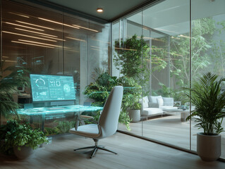 Bureau futuriste vitr&eacute; avec ordinateurs holographiques et int&eacute;gration de nature verte