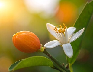 Blossoming citrus flower and fruit bud in sunlight