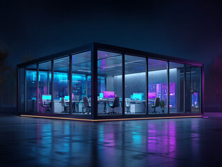 Bureau vitr&eacute; futuriste de nuit &eacute;clair&eacute; par des n&eacute;ons bleus et violets avec postes de travail modernes