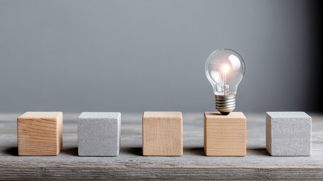 Five Wooden Cubes with Central Lightbulb Icon on Weathered Wood Surface Against Gray Background - Powered by Adobe