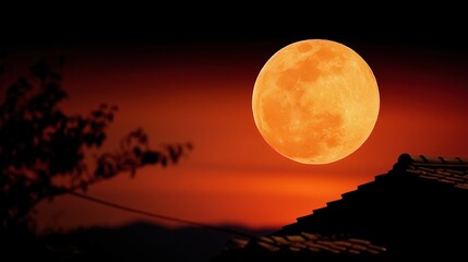 Fototapeta premium Full Moon in Night Sky with Silhouette of Traditional Chinese Rooftops, Festive Mid-Autumn Festival Scene with Poetic Atmosphere, Ideal for Holiday Advertising and Cultural Celebrations 