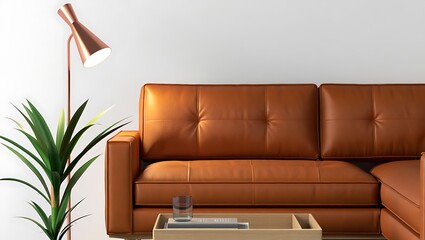 Modern living room with brown leather sectional sofa and green plant