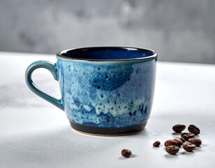 Blue ceramic coffee cup on white surface