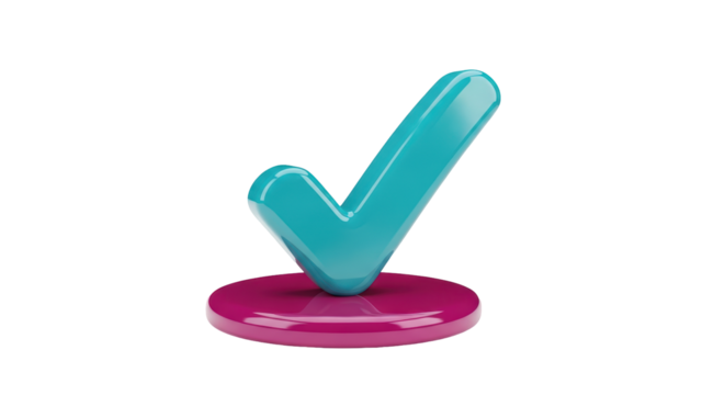 Isolated turquoise check mark on glossy pink disc, approval and success sign, quality emblem