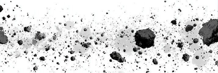 Abstract grayscale ink blots scattered across a white background