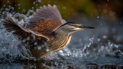 A little bittern bird splashing through water with wings spread in a natural environment outdoors
