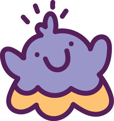 Happy purple cartoon character with a cheerful smile wavy yellow base and sparkling crest.