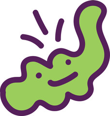 Vibrant green smiling amoeba character with a bold purple outline and happy expression.