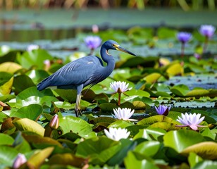 Blue heron amidst vibrant water lilies