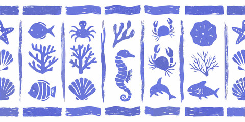 Charming blue sea life pattern with starfish fish crabs seahorse shells coral and sand dollar