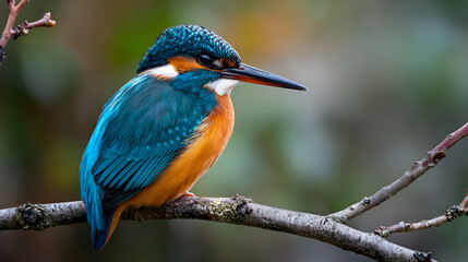 A vibrant kingfisher perched on a branch against a soft green and brown blurred background outdoors