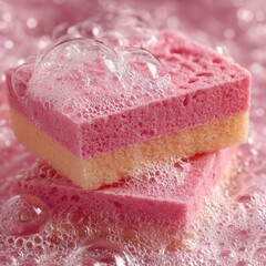 Two pink and pale yellow sponges stacked, covered in bubbles