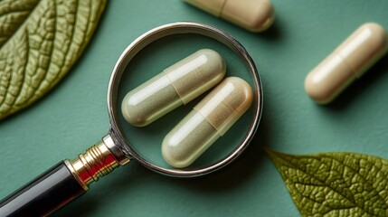 Magnifying glass examining natural herbal supplement capsules
