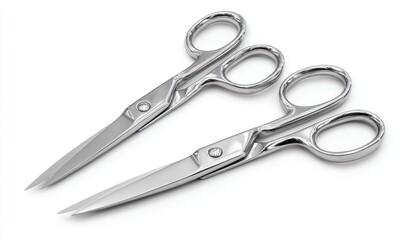 Two pairs of shiny silver scissors on a white background