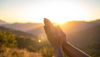 Praying Hands Sunset Over Mountains