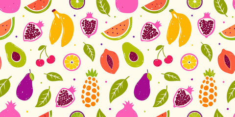 Vibrant and colorful tropical fruit pattern with pomegranates bananas watermelon and more