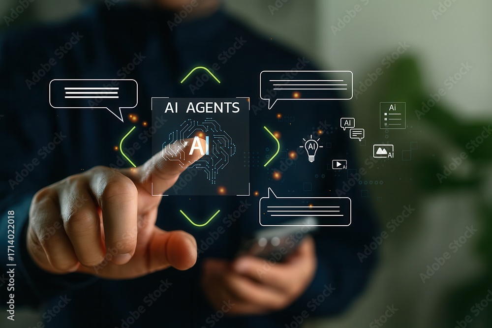 Poster touching virtual ai agent interface with futuristic chatbot screen,human hand interacts with artific