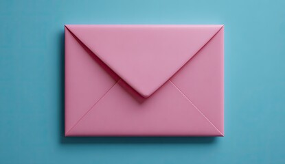 A single, closed, pale pink envelope sits atop a light teal background.  Flatlay, minimalist style