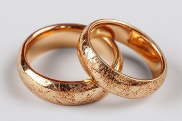 Two gold wedding bands, slightly textured, overlap in a close-up