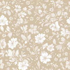 Floral pattern with white flowers and leaves on a beige background creating a vintage and elegant design.