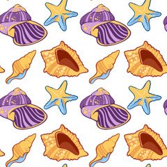 Colorful seamless pattern with seashells and starfish. Decorative marine background perfect for summer design, beach holiday theme, textile, wrapping paper, wallpaper, and nautical projects.