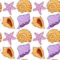 Seamless pattern with seashells and starfish, marine summer background. Colorful seamless pattern with seashells and starfish.