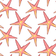 Colorful seamless pattern with pink starfish. Decorative marine background perfect for summer design, beach holiday theme, textile, wrapping paper, wallpaper, and nautical projects.