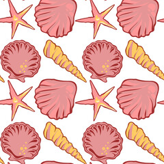 Seamless pattern with seashells and starfish, marine summer background. Colorful seamless pattern with seashells and starfish in pink colors.