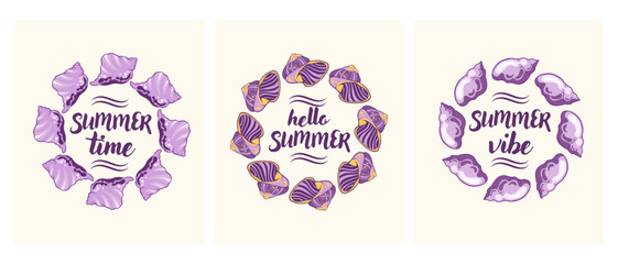 Set of summer wreaths with seashells and hand drawn typography quotes  Summer Time, Hello Summer, Summer Vibe. Decorative marine design perfect for holiday greeting cards, invitations, posters, beach 