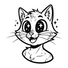 Playful feline portrait: A charming cartoon cat with expressive eyes and a joyful expression. The adorable illustration conveys delight and is perfect for various creative projects.