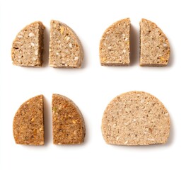 Four halved, round food pieces, two light and two dark