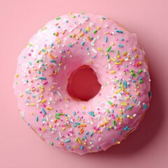 Pink frosted donut, topped with colorful sprinkles