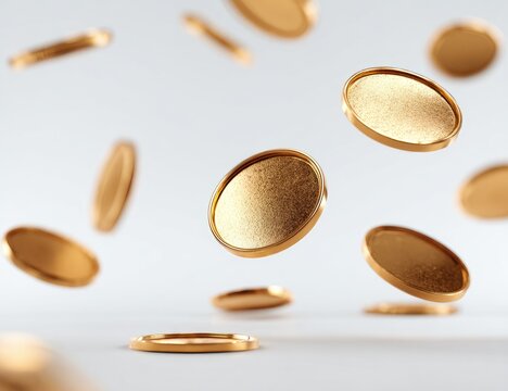 Golden coins levitate in mid-air, a soft, light gray background