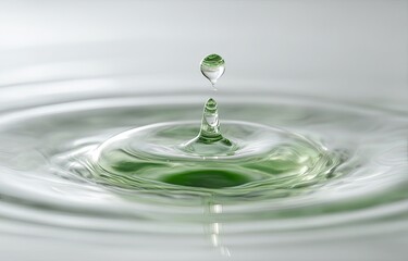 A single, teardrop-shaped water droplet, light green in color, hangs suspended in mid-air above a circular ripple pattern on a surface of water.  The ripples radiate outward from the point of impact