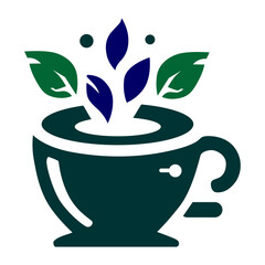 Cup of Tea with Green Leaves and Blue Flowers