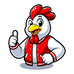 Thumbs Up Chicken Mascot in Red Varsity Jacket