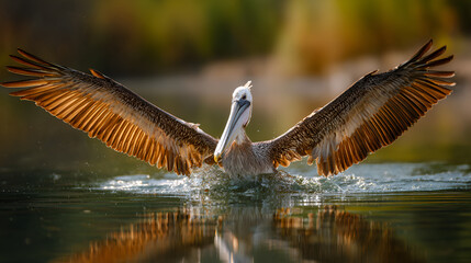 A brown pelican landing on water with its wings spread wide open in a natural environment