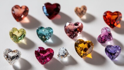 Heart-shaped gemstones of various colors arranged on a white surface