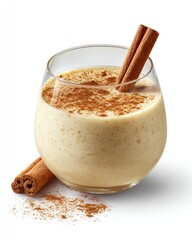 Creamy, light beige eggnog in a glass bowl, garnished with cinnamon sticks and sprinkled with cinnamon