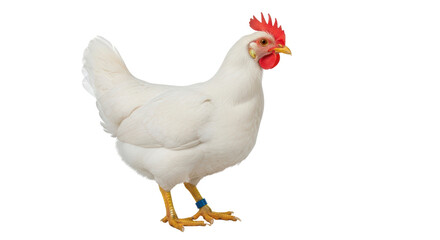 Isolated Leghorn chicken with bright red comb and blue leg band standing sideways nicely