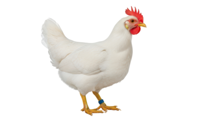 Isolated Leghorn chicken with bright red comb and blue leg band standing sideways nicely