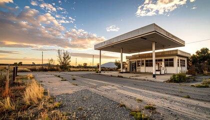 Abandoned gas station at sunset
