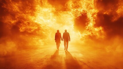 Fototapeta premium Elderly couple walking on empty hot city street during summer heat wave showing health risk and climate impact