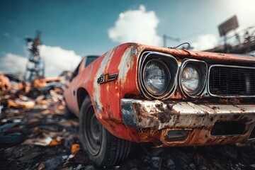 Junker vehicle sitting rusty and beat-up in a scrapyard perfect for recycling or car fixes.