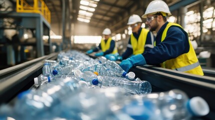 Workers sorting plastic bottles and containers on conveyor belt at recycling factory representing waste management environmental sustainability and authentic industrial process