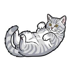 Playful Feline: A whimsical illustration captures a relaxed cat lounging on its back, revealing its belly in a display of pure comfort and charm.