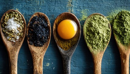 Wooden spoons holding various spices and an egg yolk