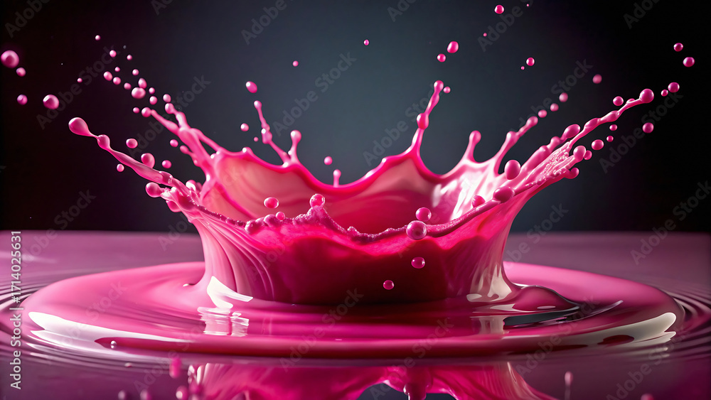 Poster Close up of a vibrant pink liquid splash with droplets against a dark background creating a dynamic scene