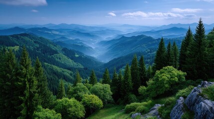 Fototapeta premium Layers of Emerald Green Mountain Range Under a Blue Sky and Misty Valley