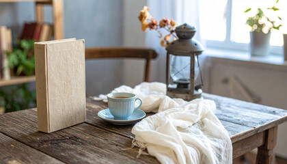 cup of coffee, notebook and vintage table lamp. Time for relax.